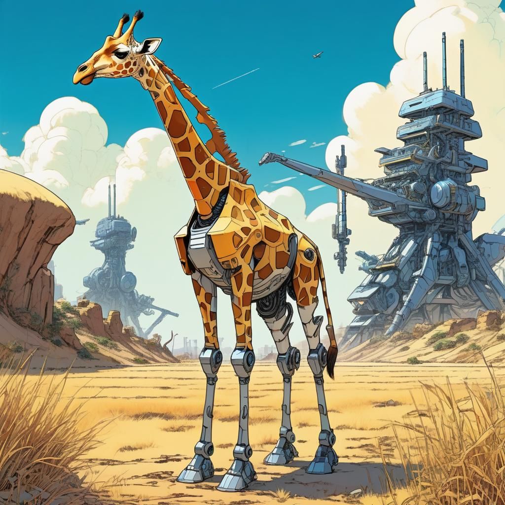 Robot giraffe by Kenchi Sonoda, comic book art, perfect, smooth, Manga Key Visual, Japanese Manga, Pixiv, Zerochan, Anim...