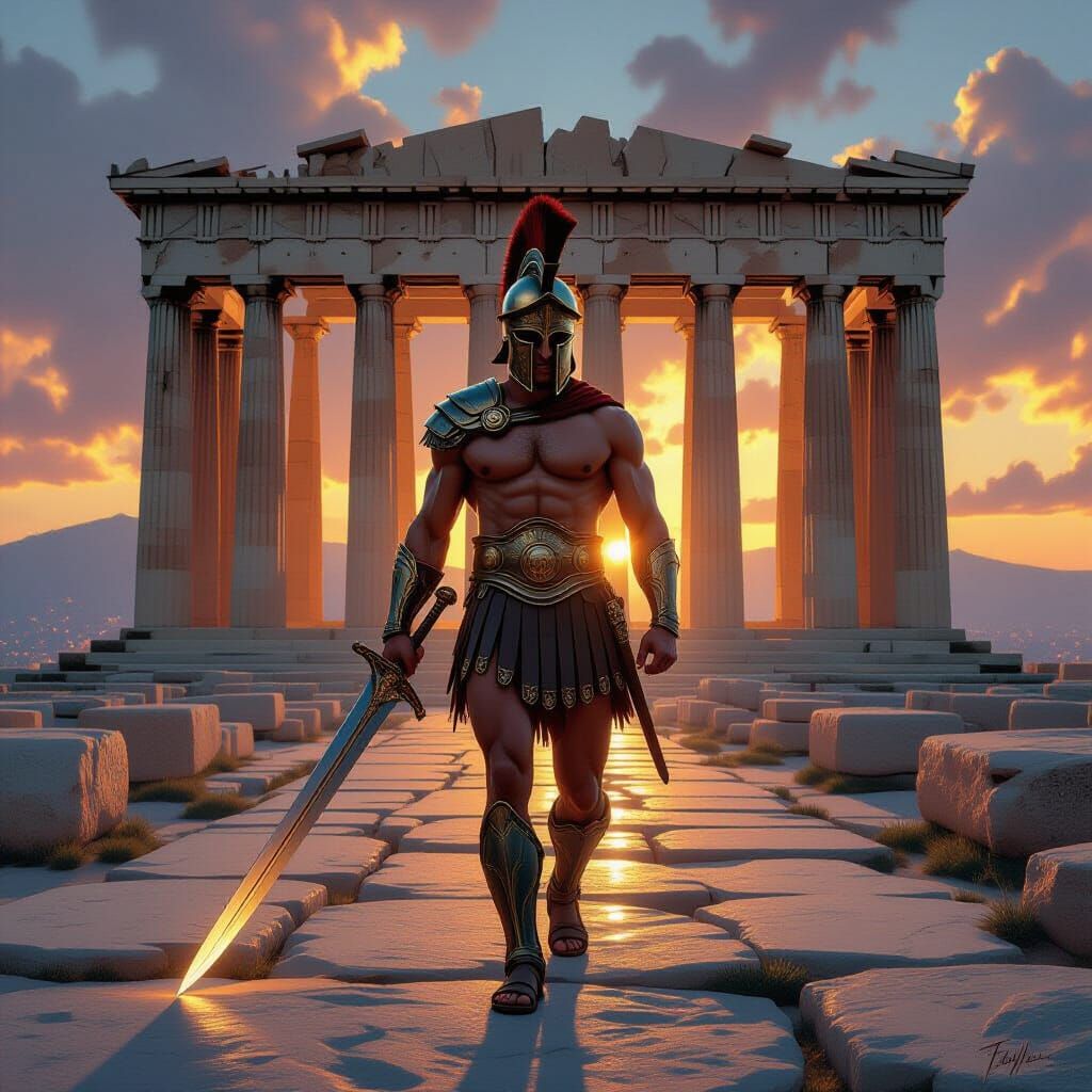 Greek Soldier at Parthenon at Sunset