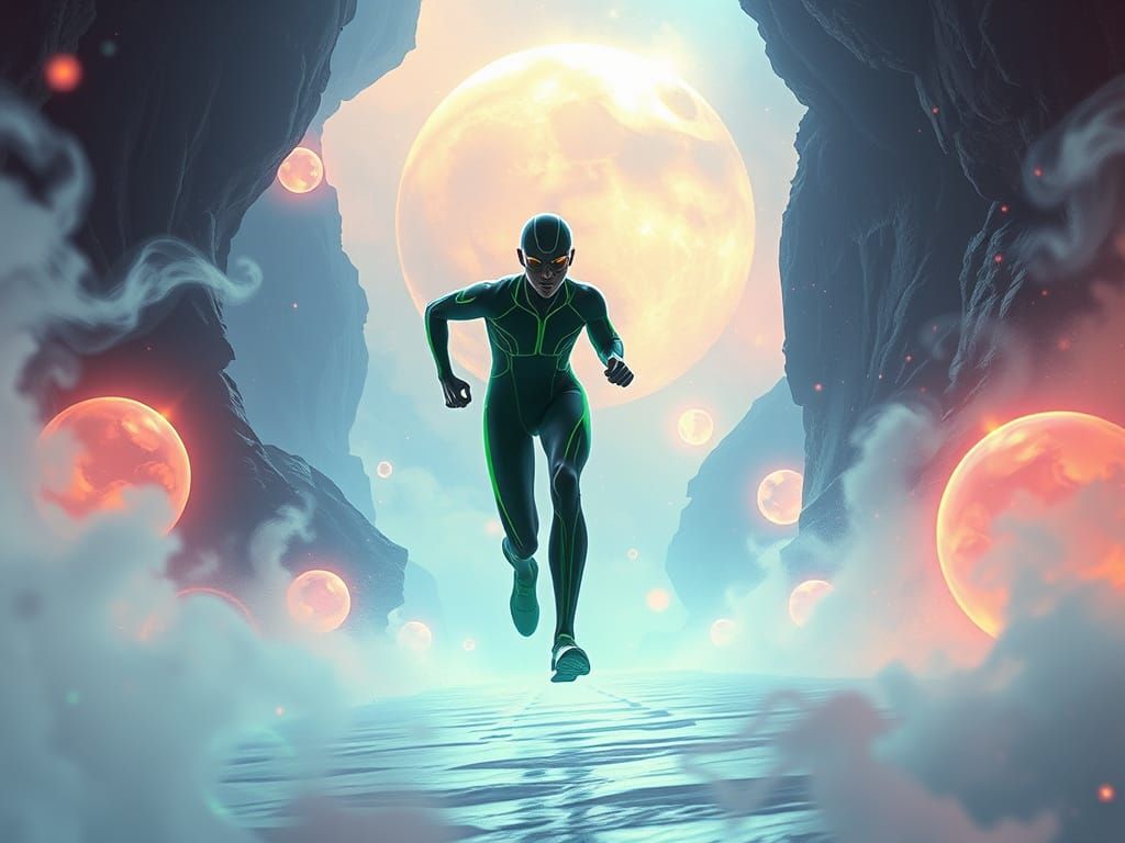 Athletic Figure Runs Through Neon-Lit Otherworldly Realm