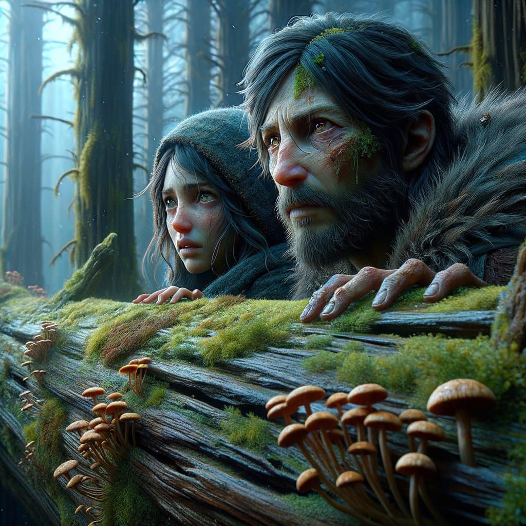 Worried Characters Hide in Mossy Forest, Matte Painting