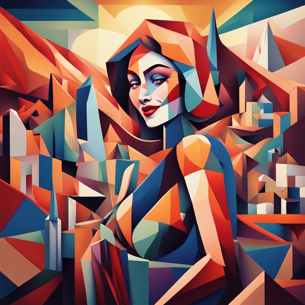 Geometric Cubist Woman Smiles in Mountain City