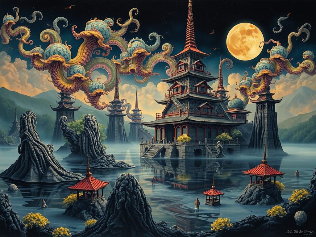 Surreal Japanese Landscape with Buddhist Temple