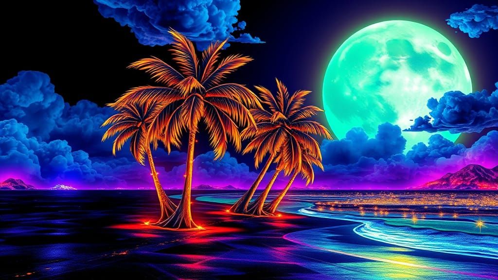 Neon Fractal Beach with Translucent Vines