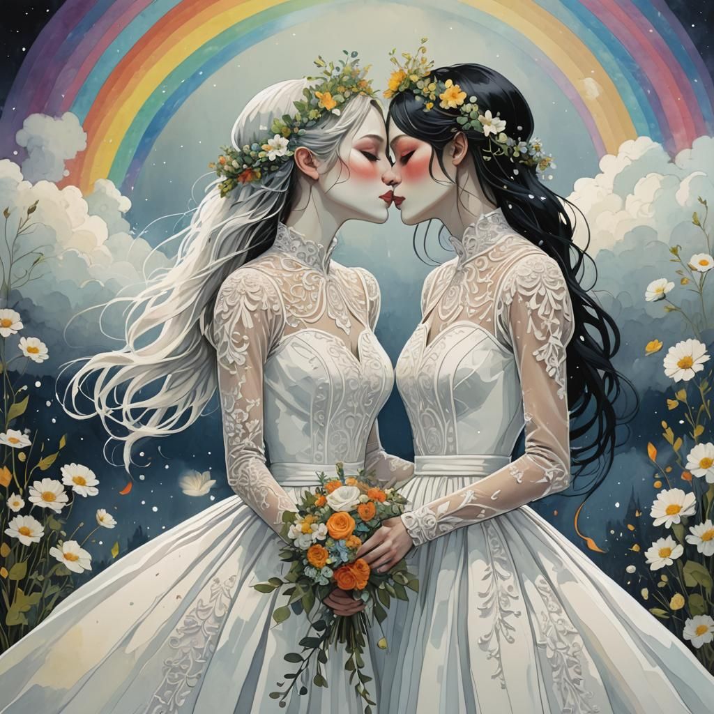 Lesbian Brides Kissing Over Rainbow, Neon Art