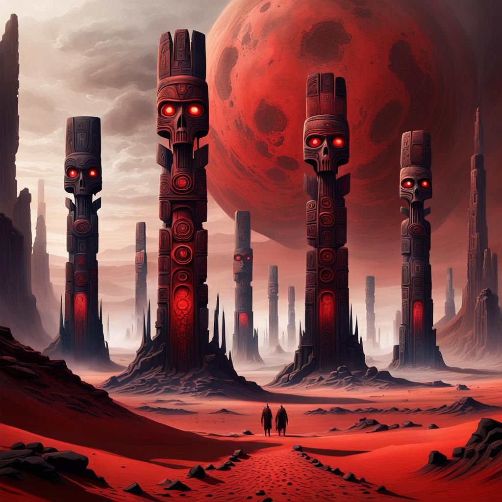 Ancient Evil Totem Poles on Mars in Dark Fantasy