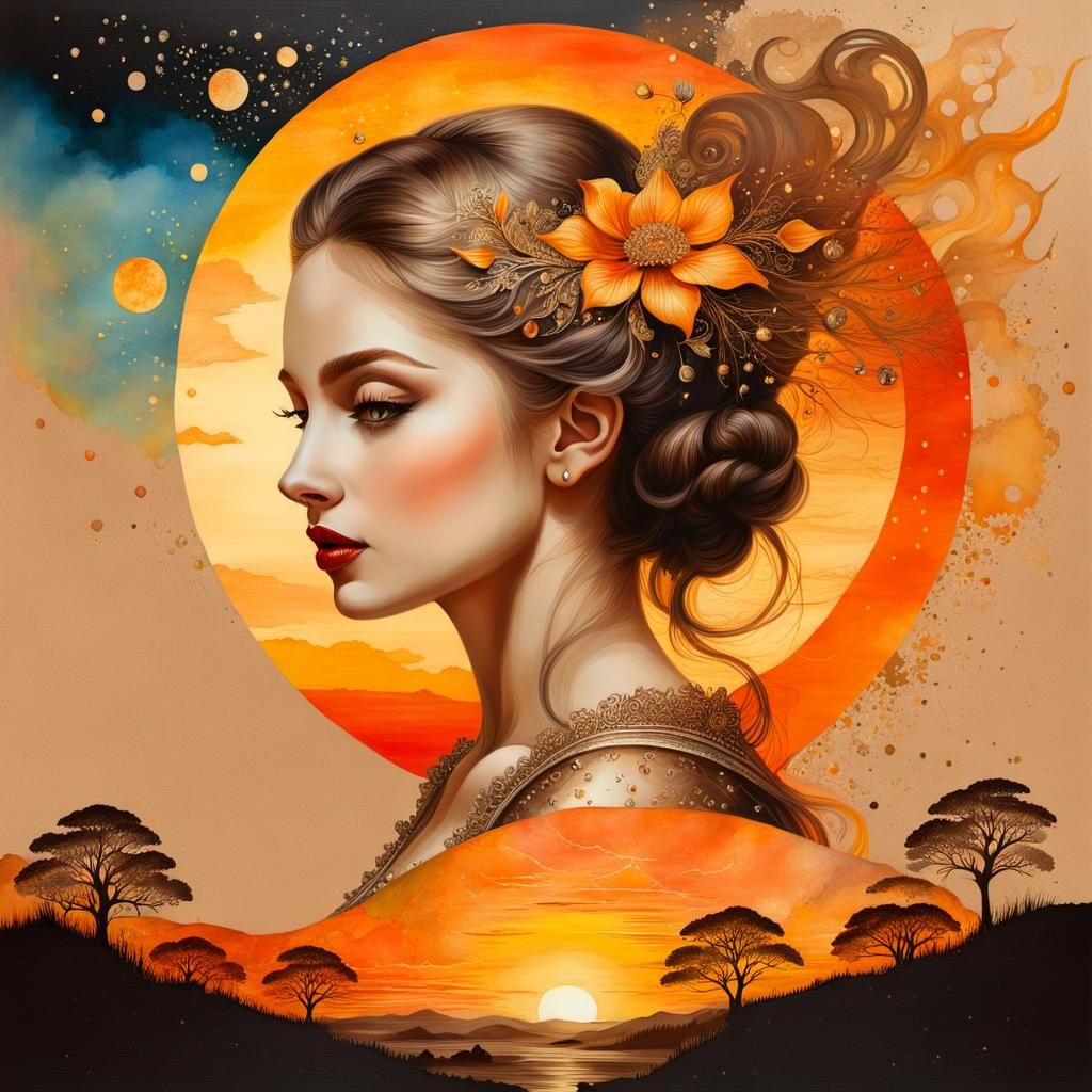 Sunset painting, surrealism mail art, detailed oil Rococo masterpiece, fairytale, fantasy...