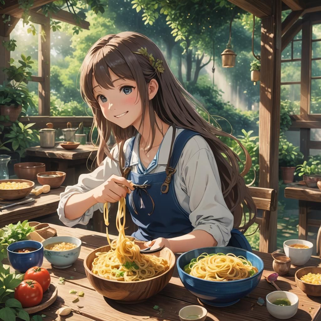 Anime Girl Eating Pasta in Natural Setting