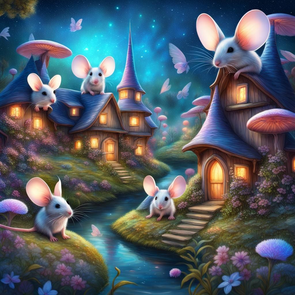 Winged Mice Fairies in French Village, Astral Illustration