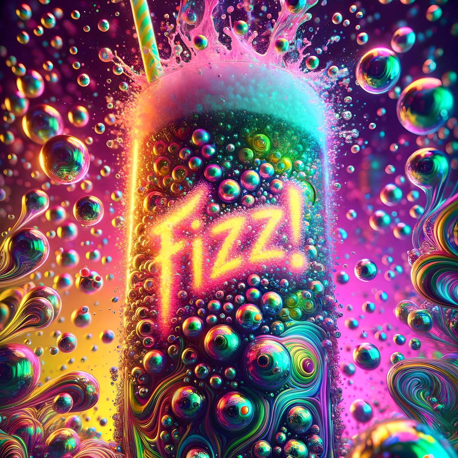 Iridescent Glass of Fizzing Neon Beverage