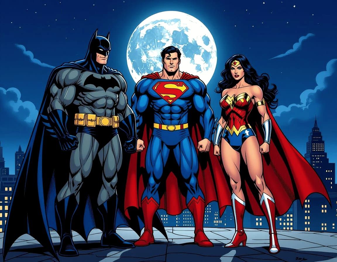 DC Trinity: Batman, Superman, Wonder Woman on Rooftop