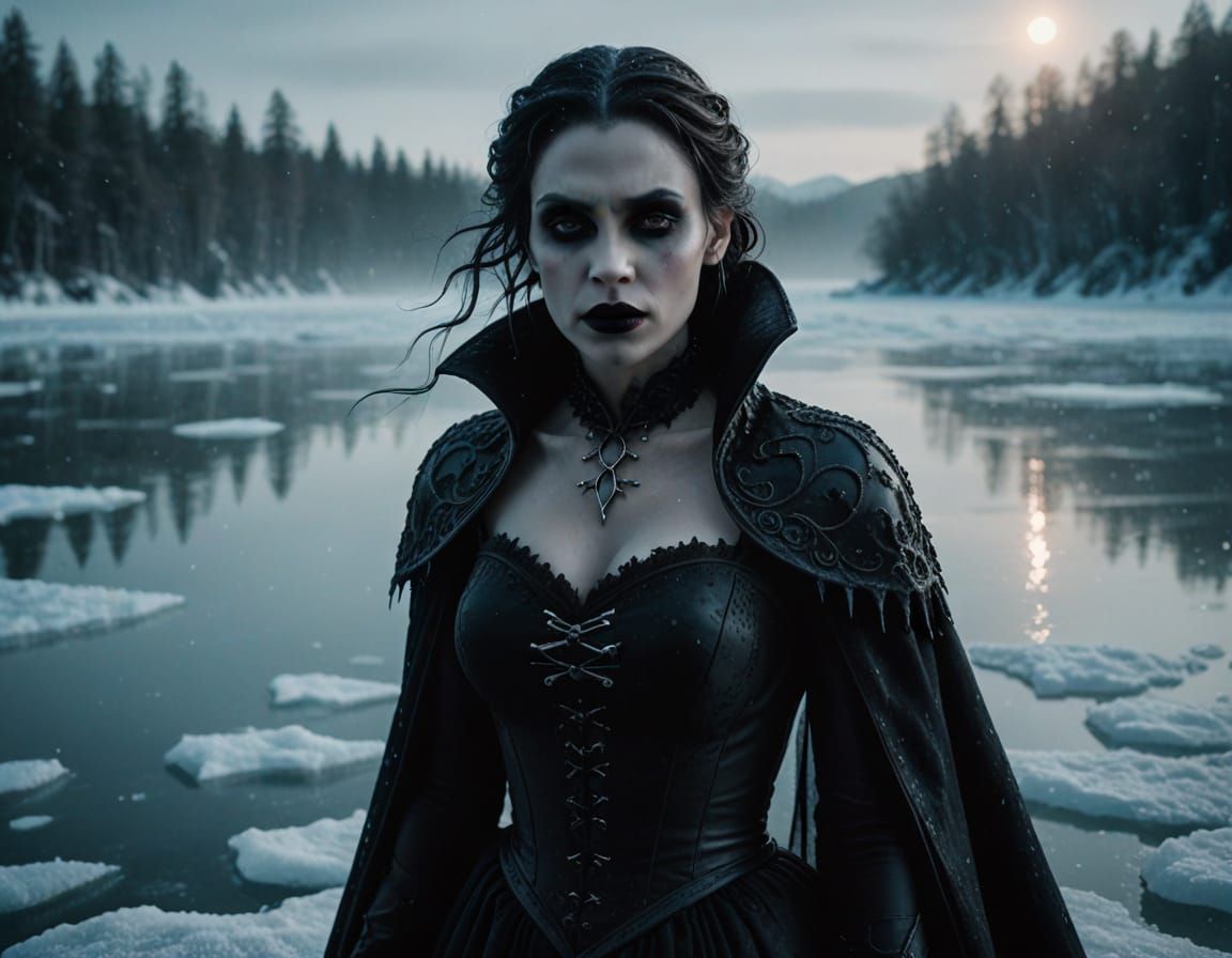 Gothic Vampire Awakens in Frozen Lake Hyperrealistic Cinemat...