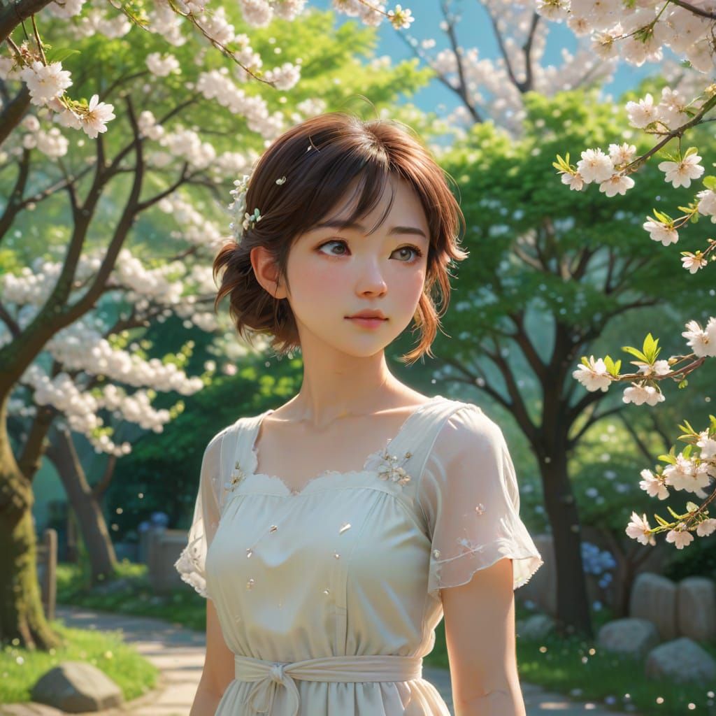 Girl in Cherry Blossom Garden: Anime Style