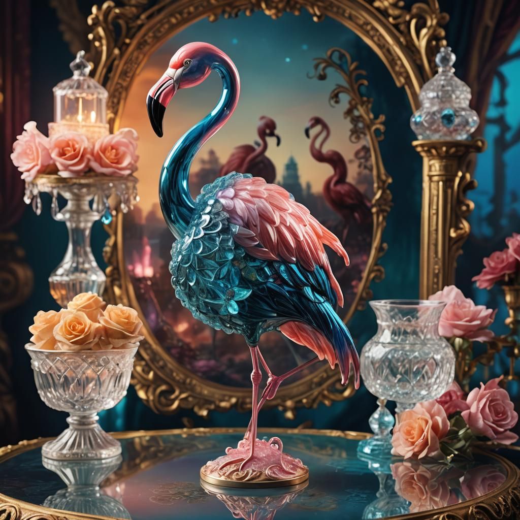 Flamingo Glass Figurine on Crystal Cake Stand