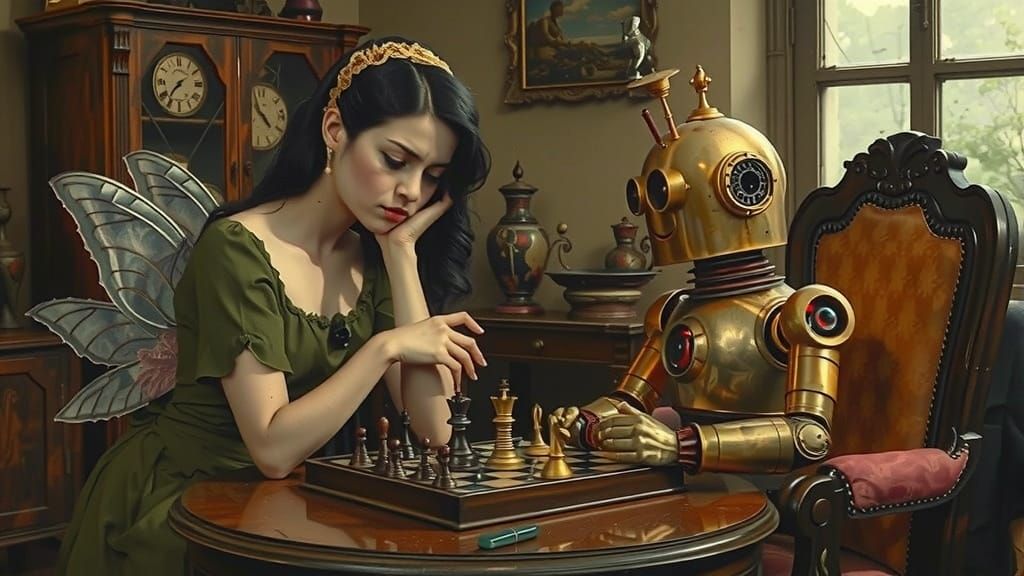 Fairy and Robot Chess Game in Dimly Lit Parlor