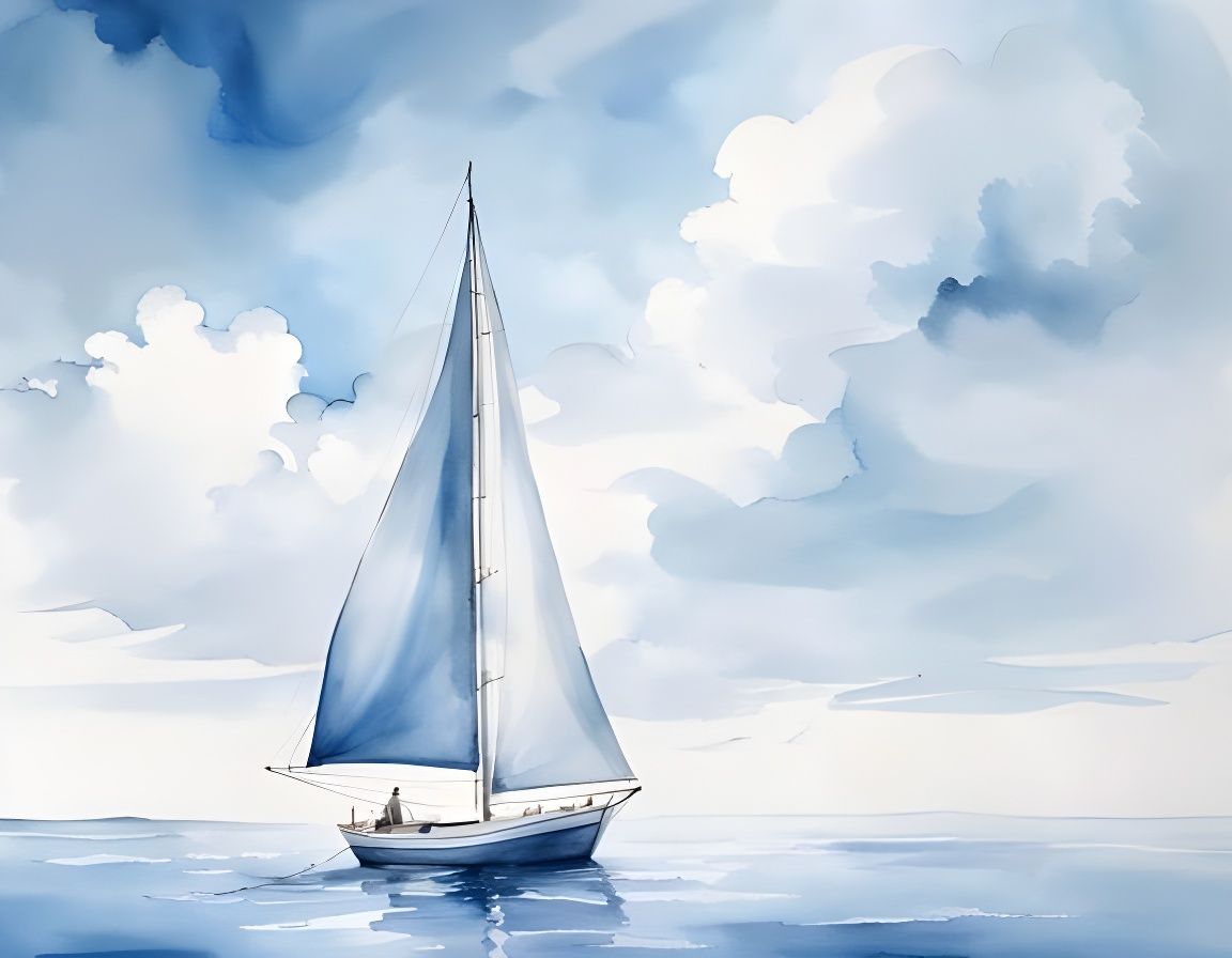 Watercolor Seascape: Blue and White Sailboat