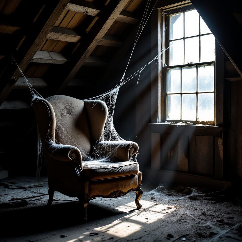 Melancholic Armchair in Dusty Attic, Chiaroscuro Style