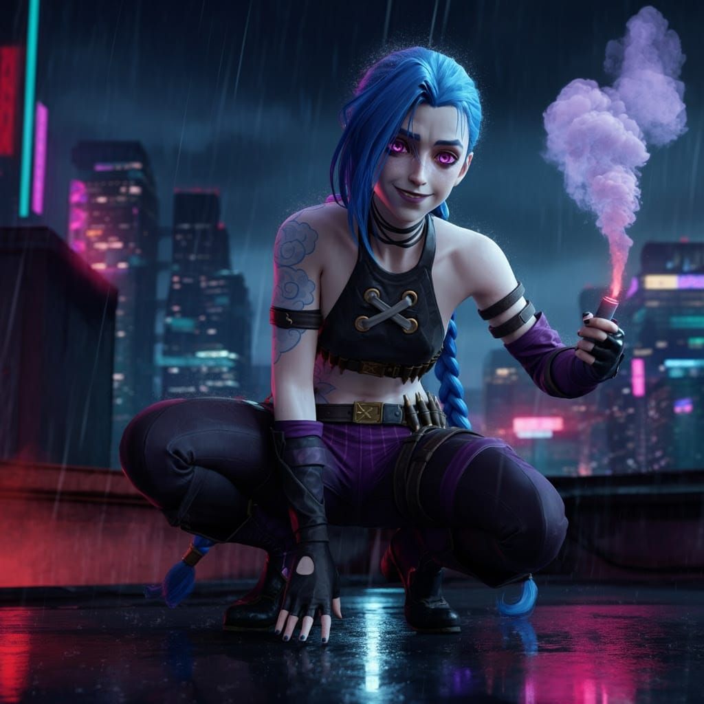 Mischief in the Rainy Cityscape in Anime Style