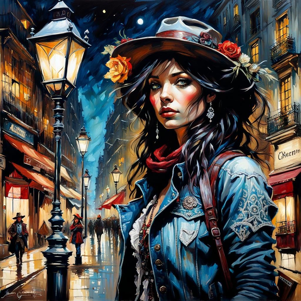 Cowgirl in Dark Fantasy French Street Scene