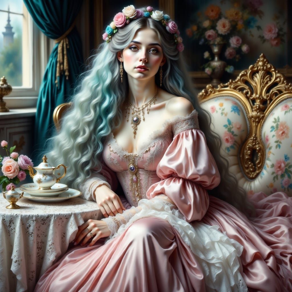 Azure-Haired Woman on Rococo Sofa in Boucher Style