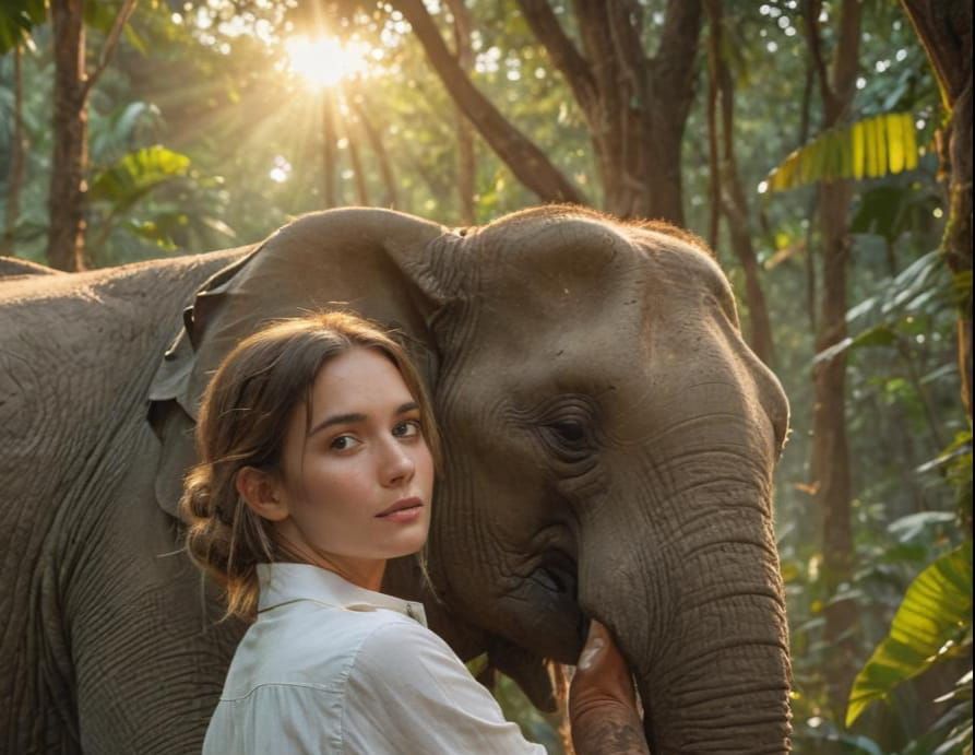 Woman Cuddles Elephant: Hyperdetailed Concept Art Portrait