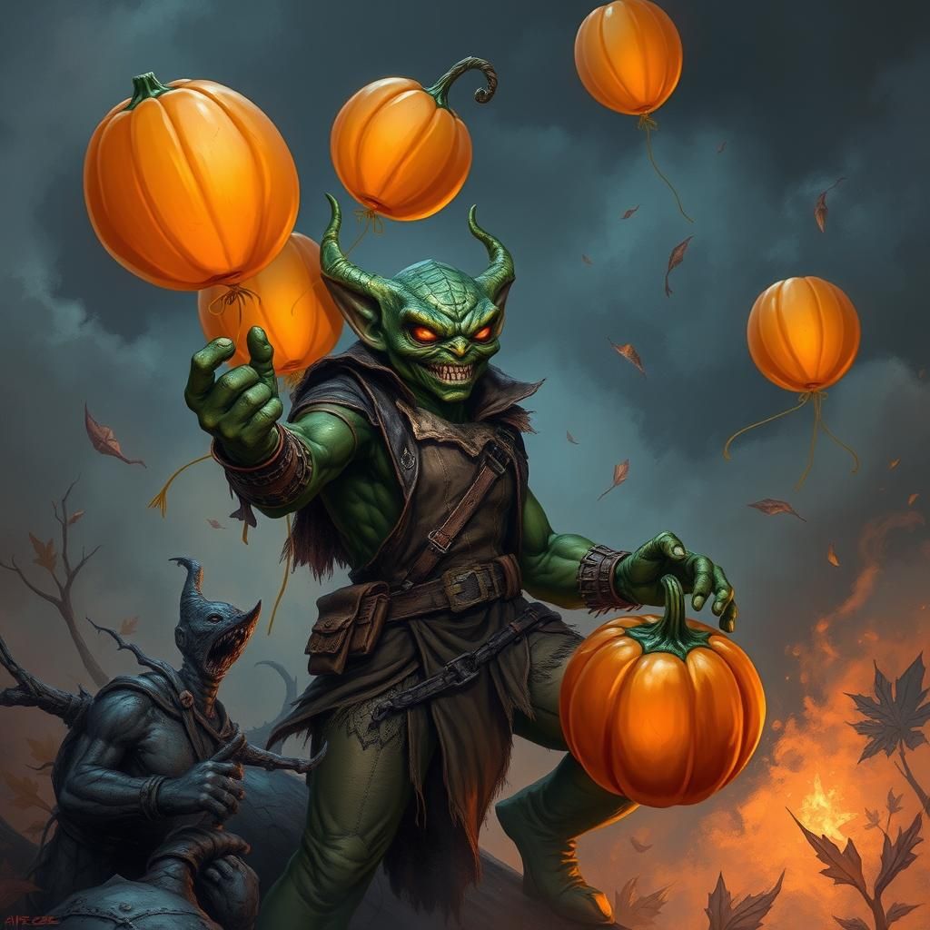 Goblin Mischief with Pumpkin Balloons in Comic Style