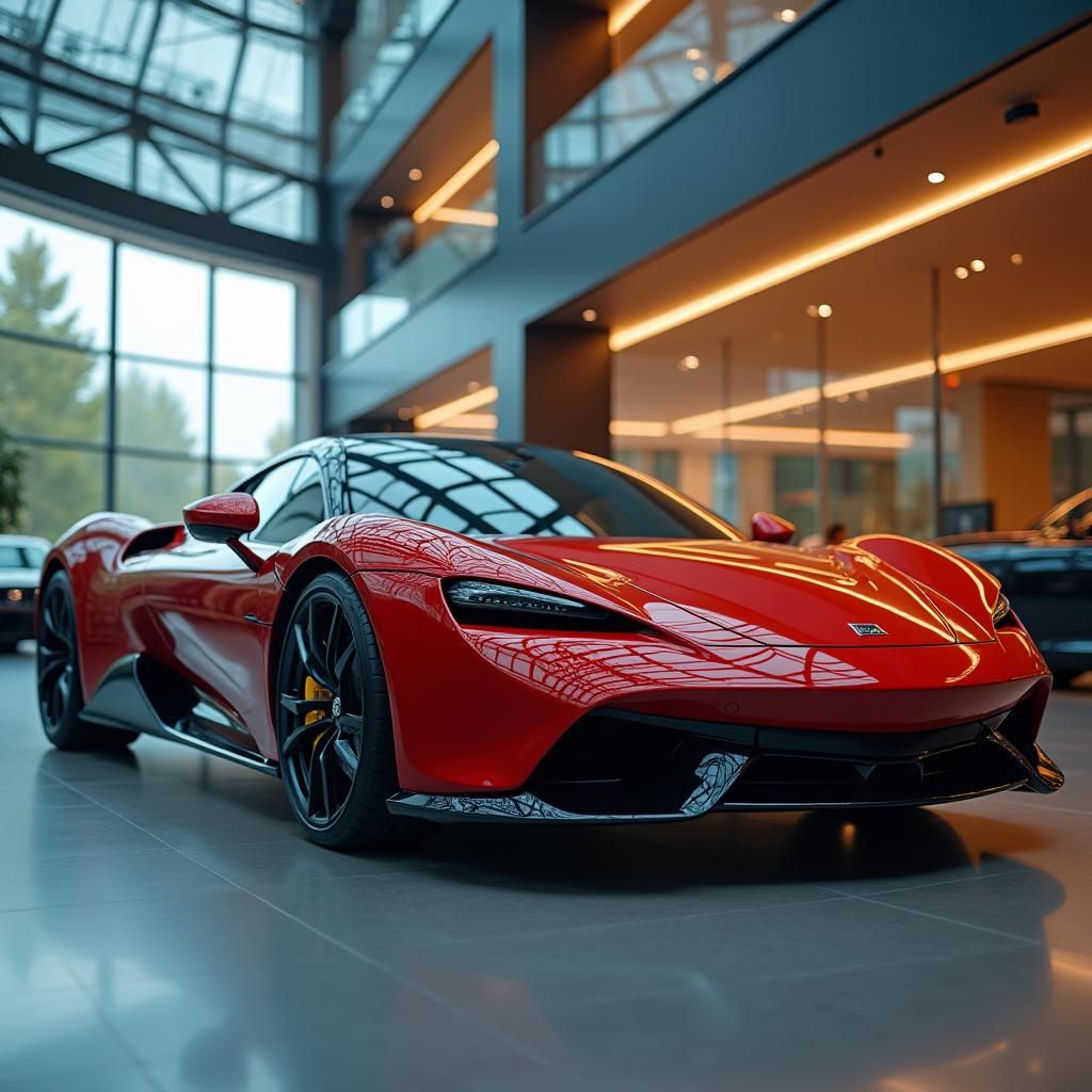Modern Car in Showroom: Hyperrealistic Automotive Portrait