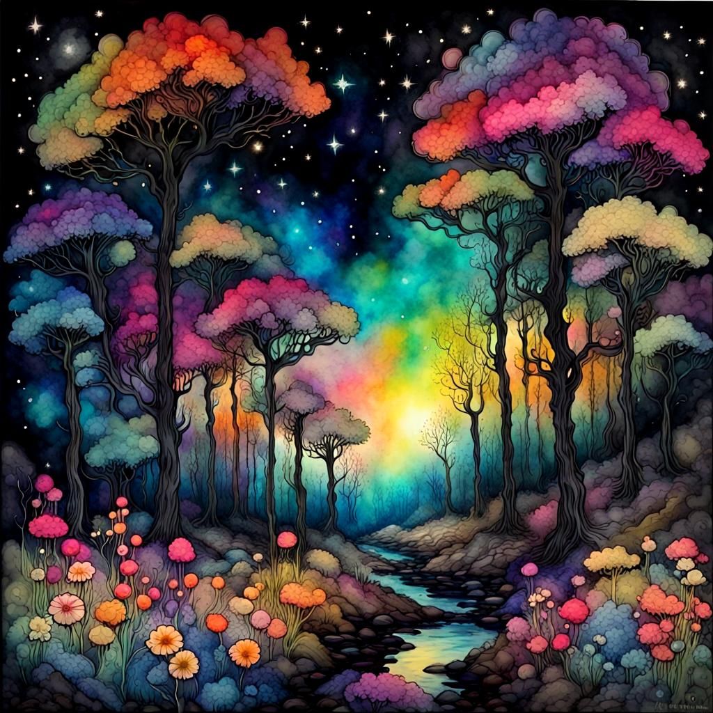Psychedelic Fantasy Forest with Fluorescent Flora in Alcohol...
