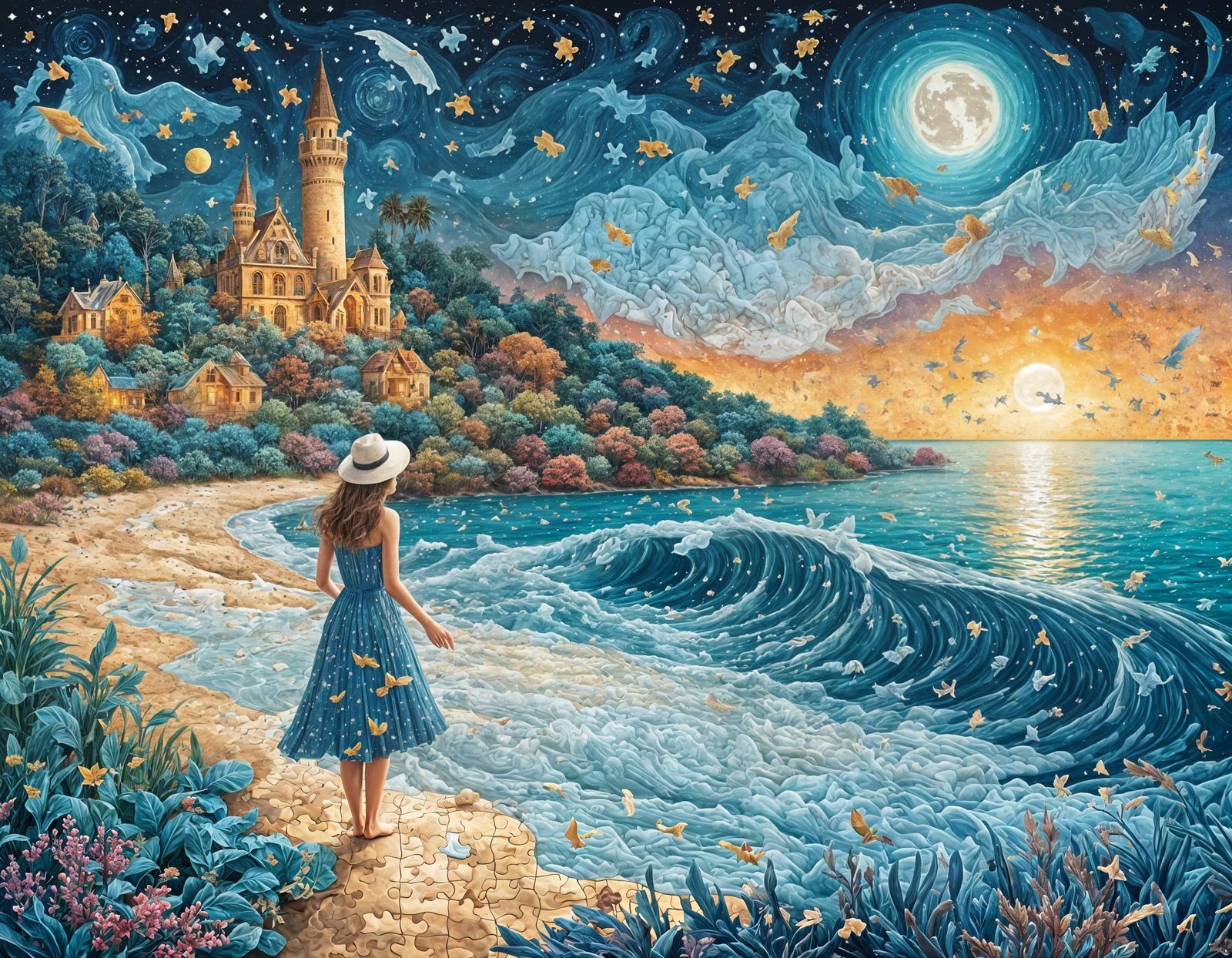 Whimsical Stardust Dreamscape: A Serene Beach Scene Under St...