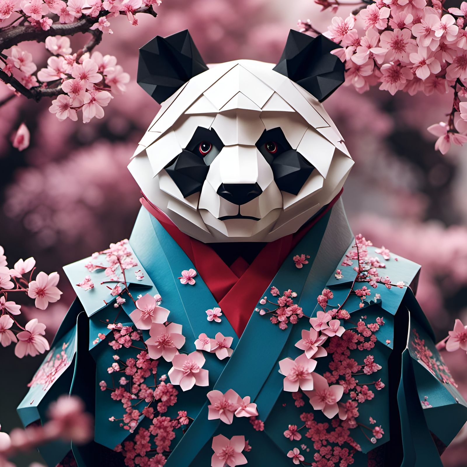 Origami Panda Samurai in Cherry Blossom Garden