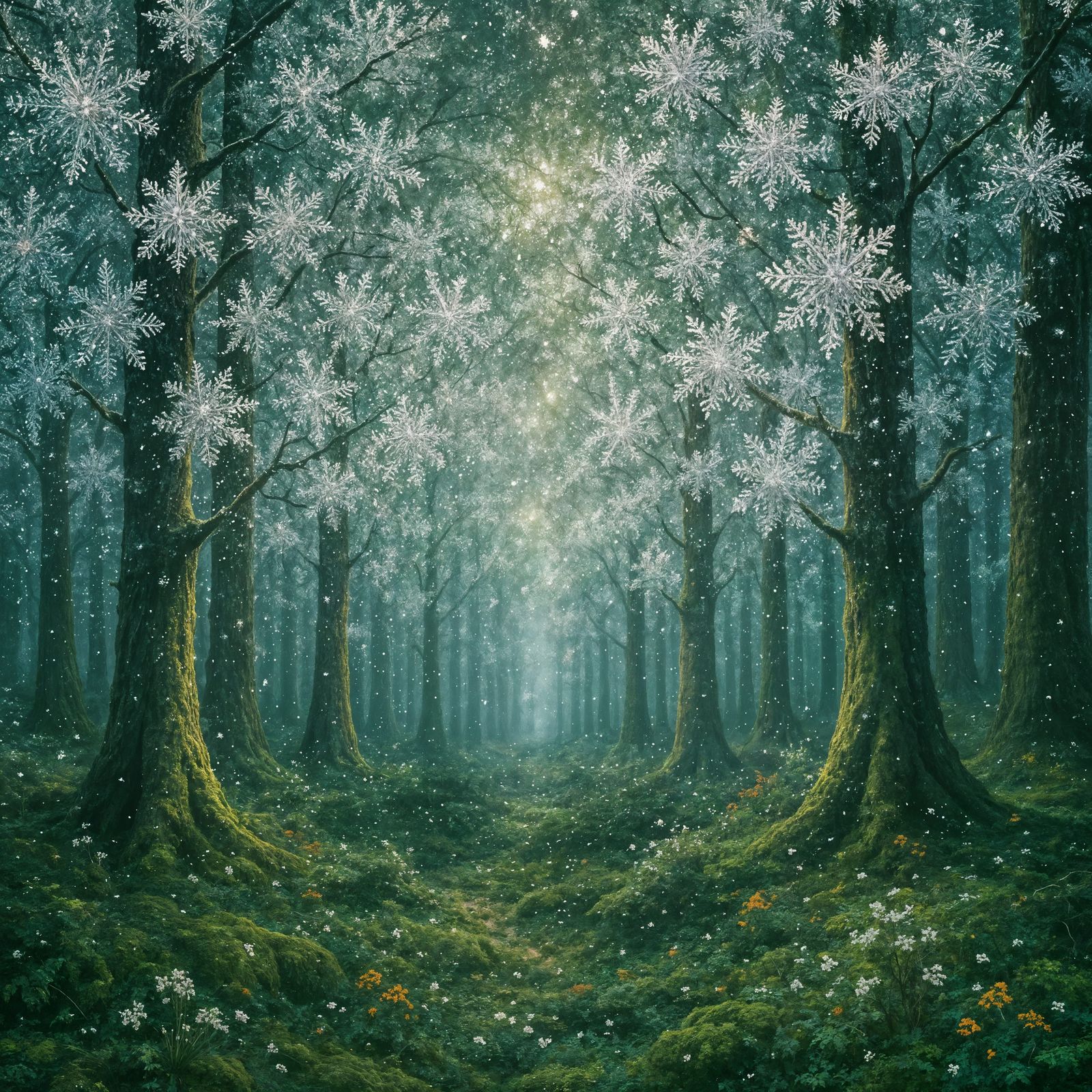 Enchanted Forest with Snowflakes, CGI Fantasy