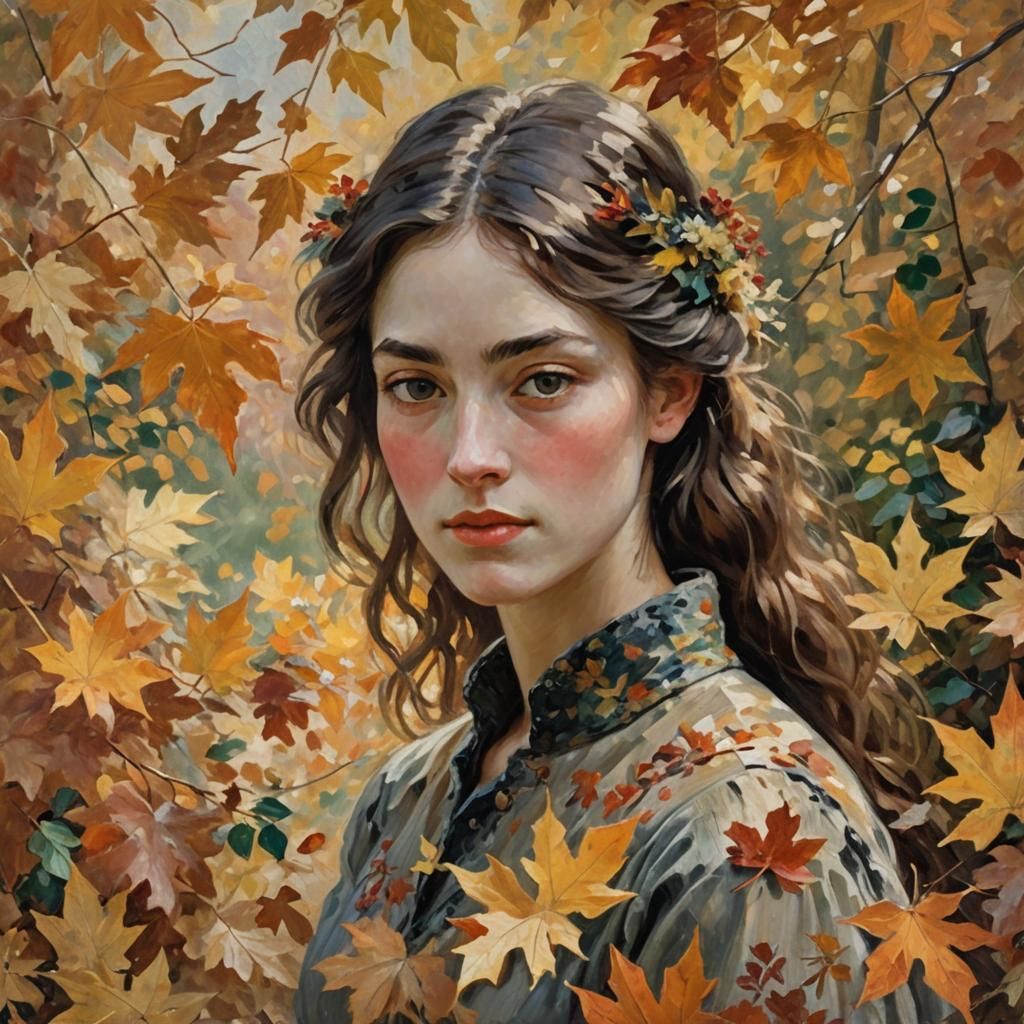 Young Woman Surrounded by Autumnal Flowers, Impressionist St...