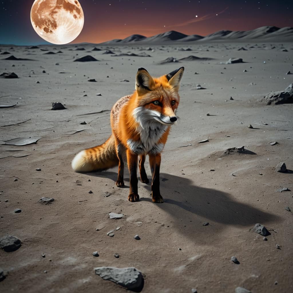 Luminescent Red Fox Running on the Moon in Surreal Style