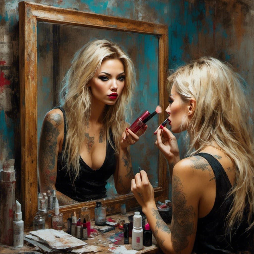 Woman Applying Makeup in Grunge Impressionistic Sketch