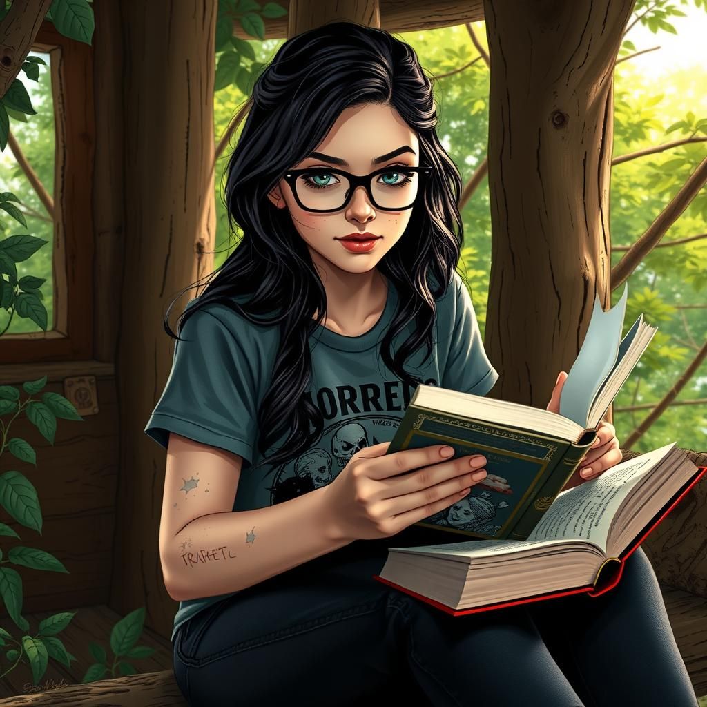 Enchanting Woman Reading in Treehouse, Comic Book Art