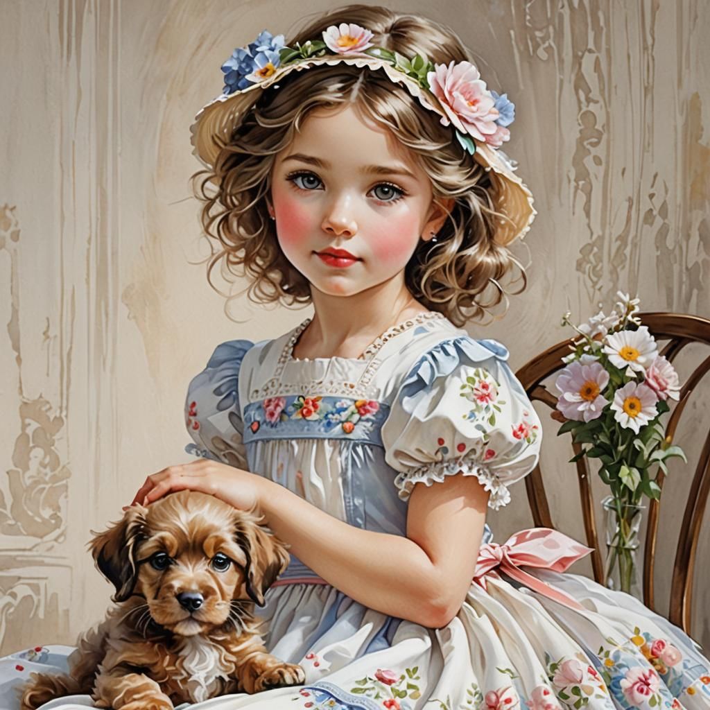 Charming Girl with Puppy, Dreamy Watercolor Painting