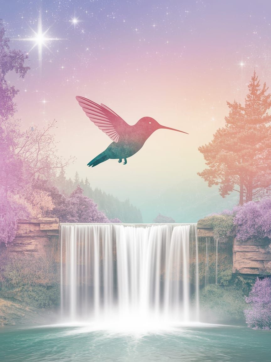 Pastel Dreams: Soft Waterfall and Hummingbird Silhouette