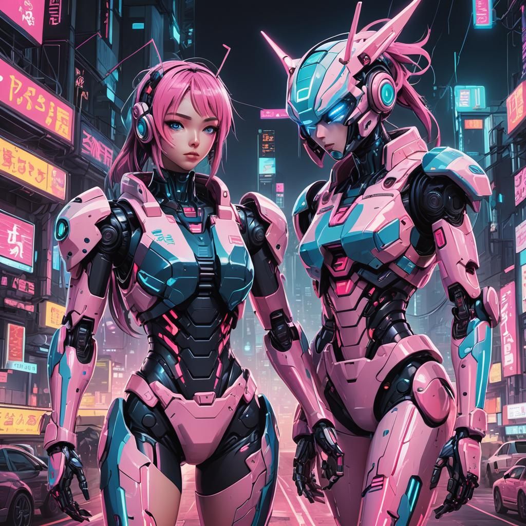 Cyberpunk Anime Robots: Vibrant Mascot Duo
