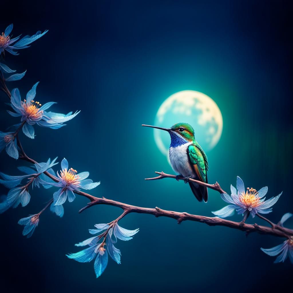 Hummingbird on Branch with Moon in Anime Realism