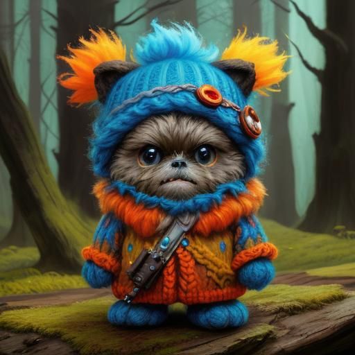 Grumpy Ewok Baby in a Whimsical Fairytale Scene