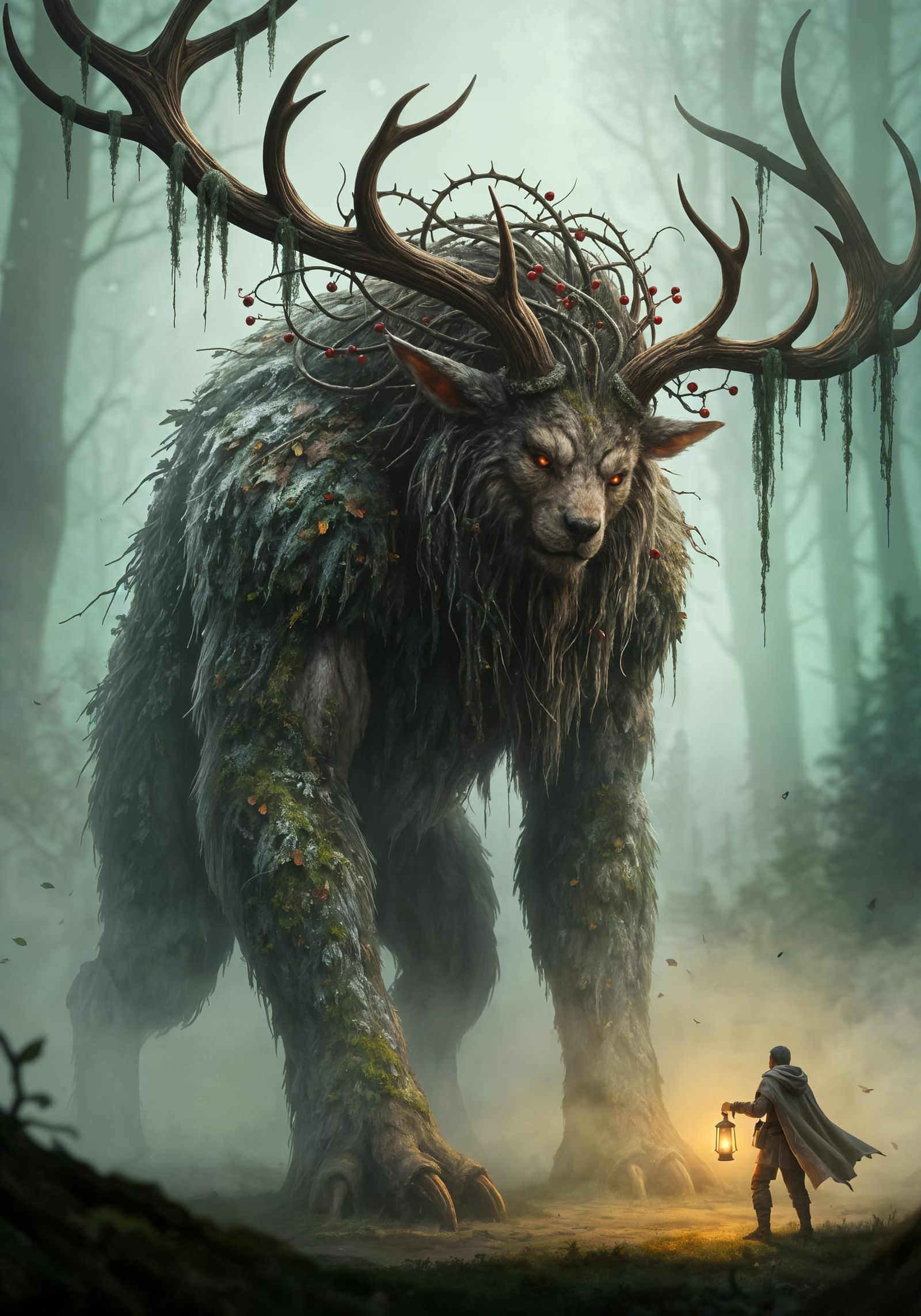 Towering Forest Beast in Swirling Mist