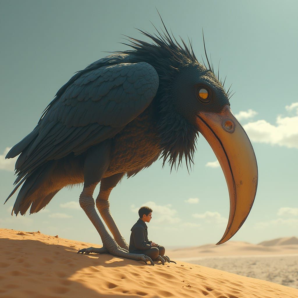 Dark Fantasy Bird Goddess in Desert Landscape