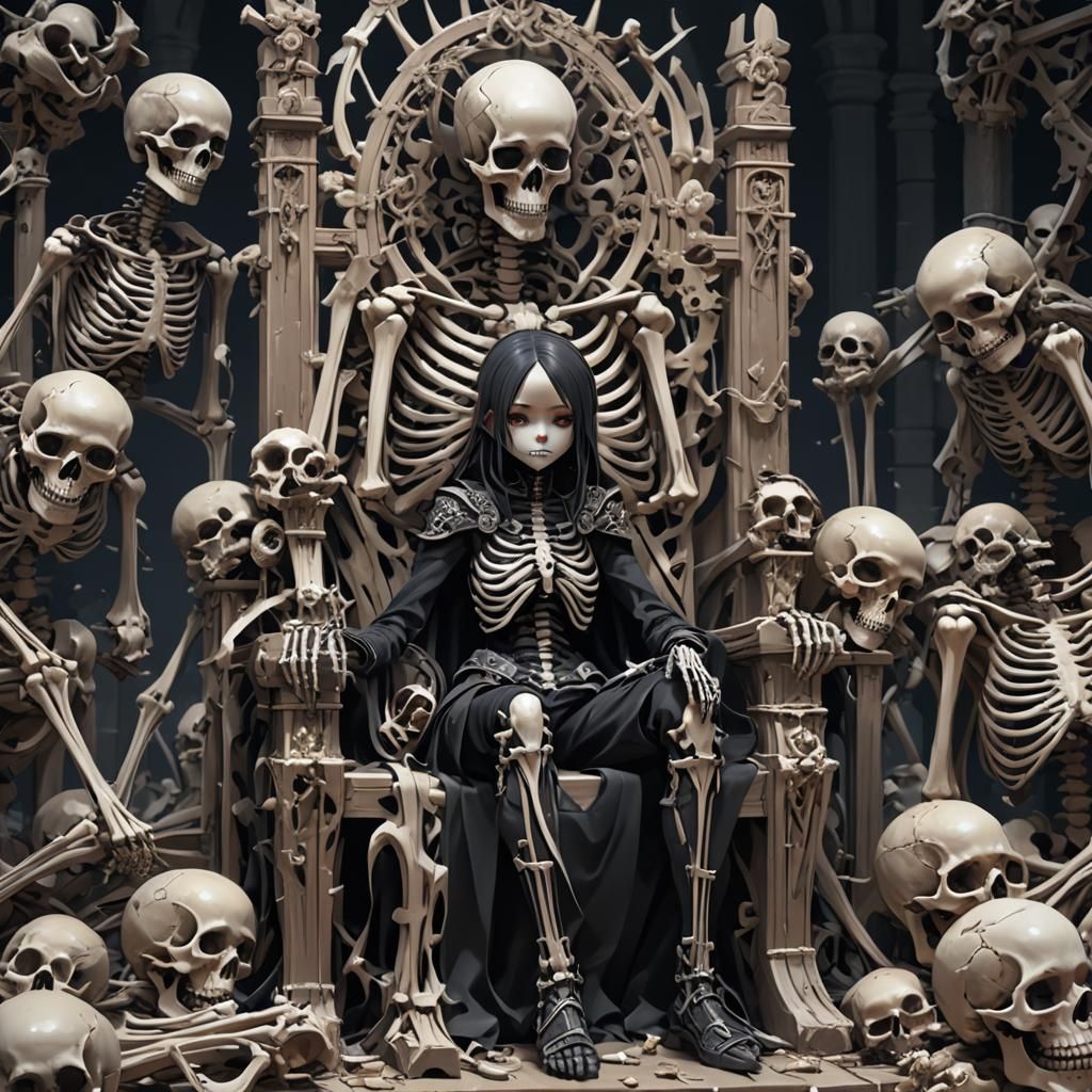 Sad Skeleton Girl on Bone Throne: 3D Anime Art
