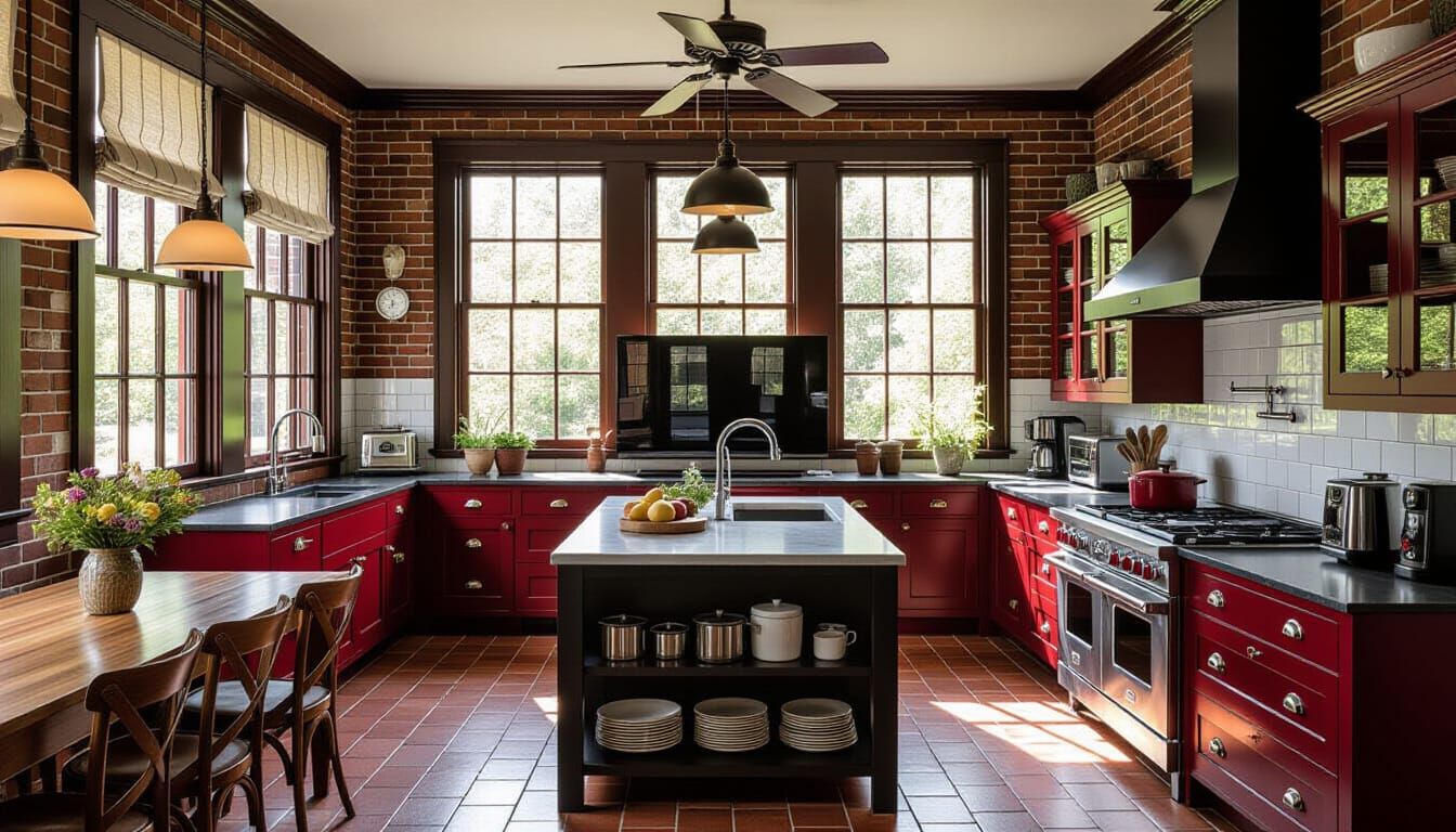 Victorian Kitchen with Modern Appliances in Warm Sunlight