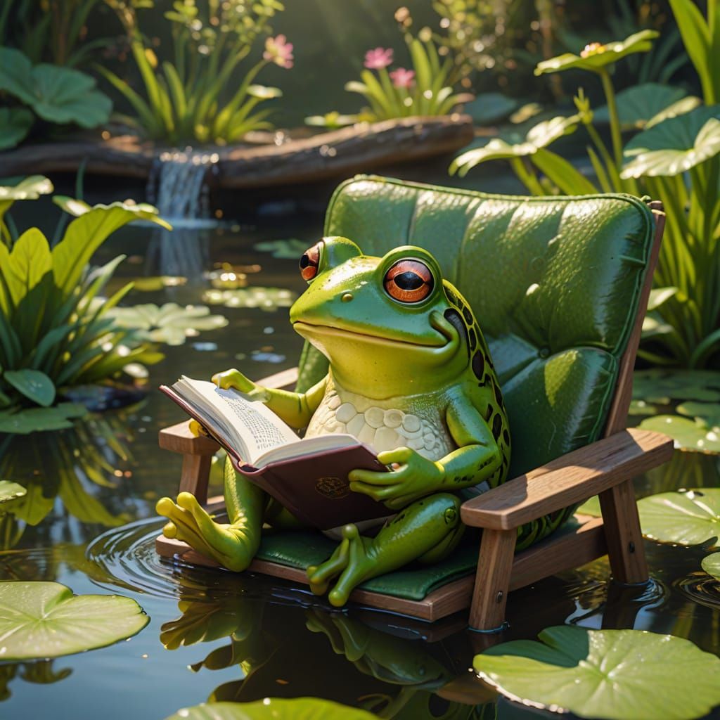 Adorable Frog Reads a Novel: Hyper-Realistic Digital Art