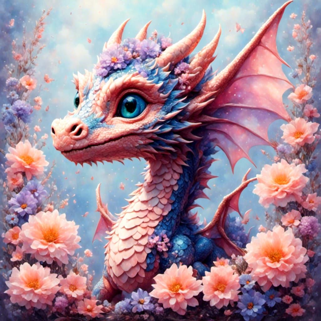 Whimsical Flower Dragon Hatchling in Pastel Colors