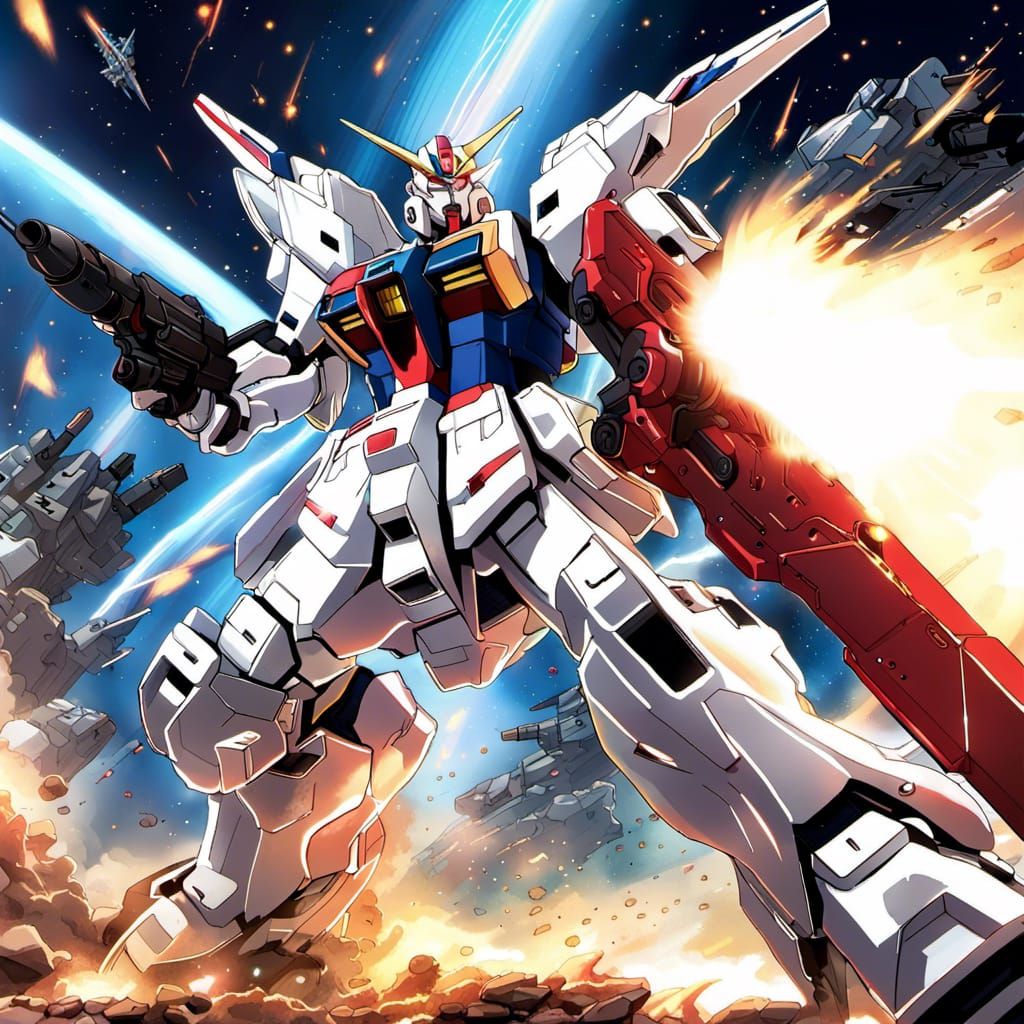 Mecha in battle space with shield