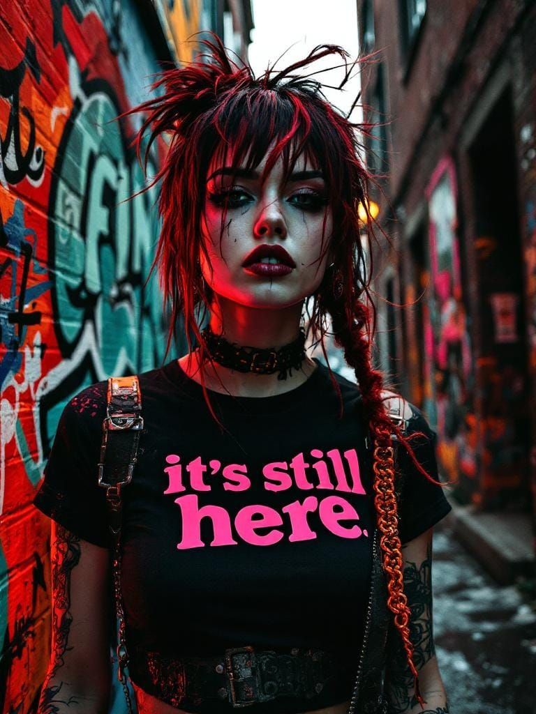 Punk Woman in Alley: Shepard Fairey & Aaron Horkey Style