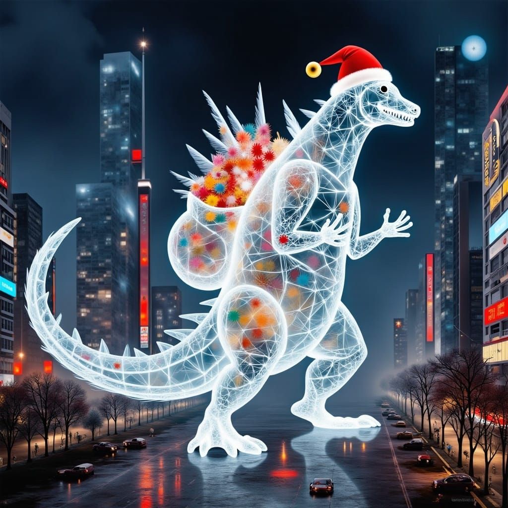 <lora:Flux Photogram 6:1.0> A Translucent  Godzilla  hologram wearing a Santa hat carrying  a sack of toys  projected  o...