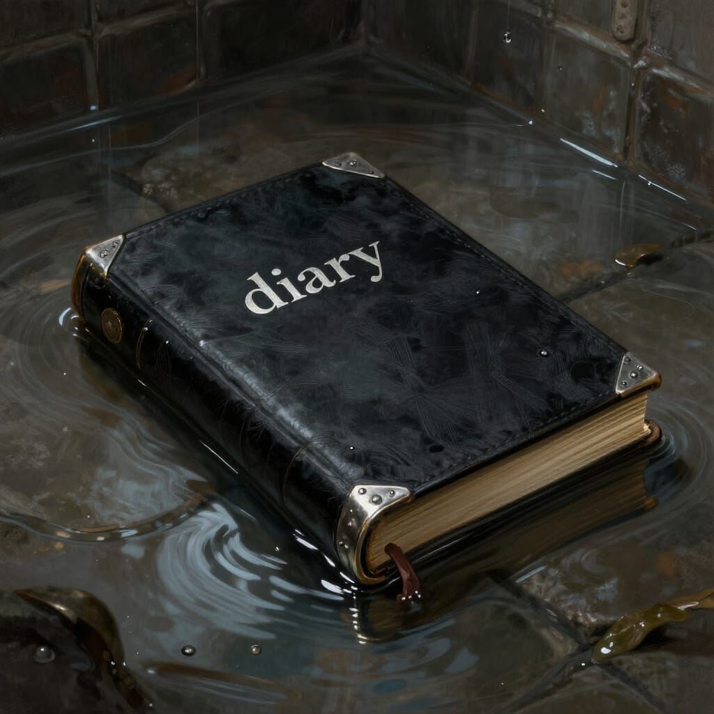Open Leather Diary in Flooded Hogwarts Bathroom