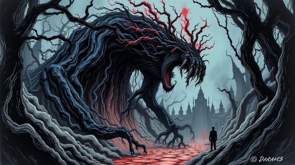 Colossal Maw Devouring Village in Fantasy Art Style